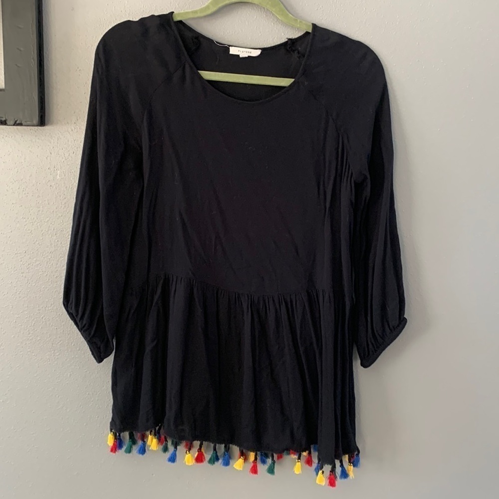 Pleione Multi Color Tassle 3/4 Sleeve Top Black